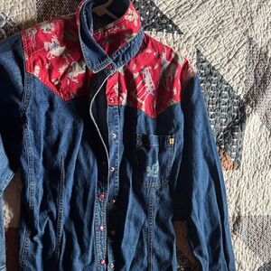 Denim Button Down Shirt with Red Accents cowboy vintage